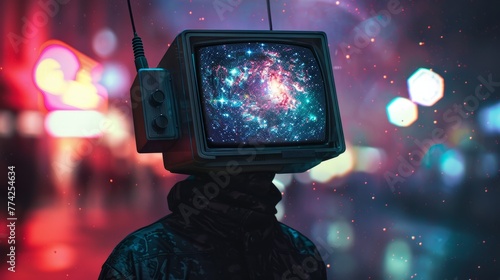 Surreal portrait of a person with a vintage television set as a head, displaying a colorful galaxy, blending technology with the cosmos.