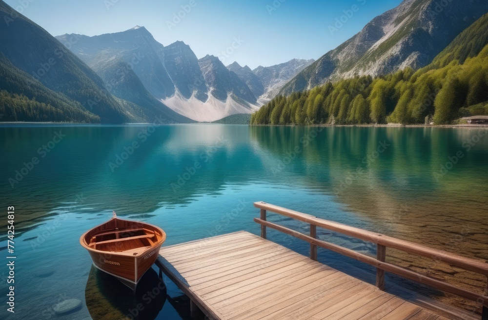 Picturesque mountain landscape with lake, old wooden pier and boat Picturesque mountain landscape with lake, old wooden pier and boat