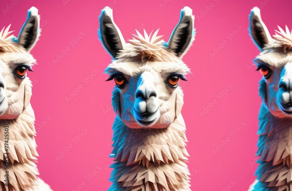 Illustration. Portrait of a llama on a pink background. Print on clothes. Close-up