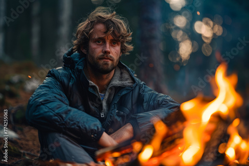 A portrait of a man sitting by a campfire in the woods