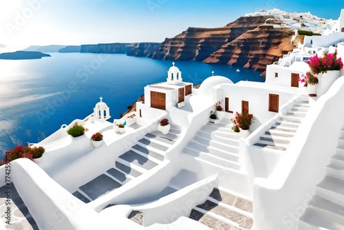 White architecture in Santorini island, Greece. Beautiful terrace with sea view.