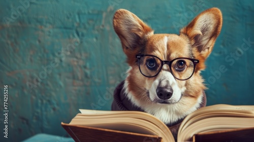 Corgi dog with glasses reading a book. Studio pet portrait. Education and learning concept. © Andrey