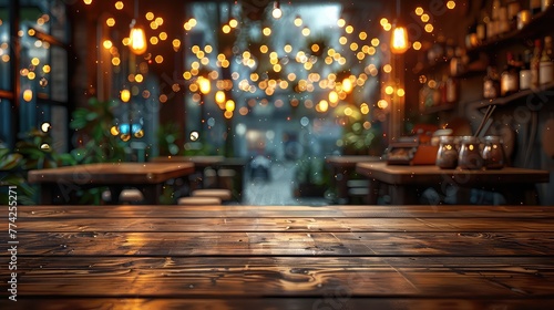 Rusty, empty wooden table. Vintage pub interior. Dark wood counter. Restaurant space. Abstract bar scene © Abdul Rehman