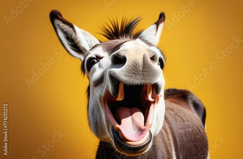 Portrait of a laughing donkey on a yellow background. Close-up