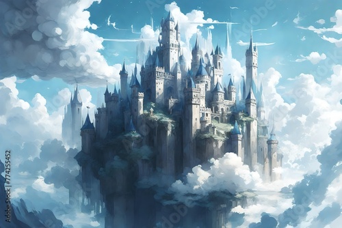 a fantasy castle floating in the clouds above it, in the style of mirrored realms, chaotic academia, captivating skylines, dark white and light blue.