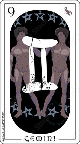 Gemini. Divination card design of two naked black men surrounded by stars.