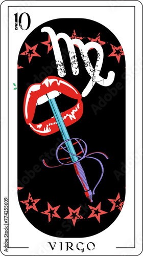 Virgo. Design for a divination card of a mouth with a sword surrounded by stars.