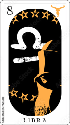 Libra. Design for divination card of the Egyptian Horus figure next to the Libra symbol.