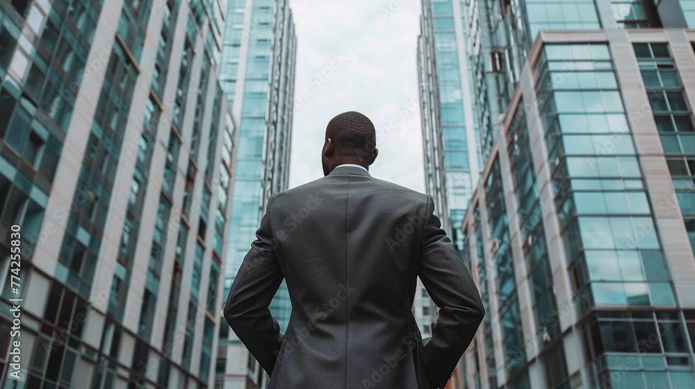 Business Vision: Back View of Businessman Facing Sky Towers Business Vision: Back View of Businessman Facing Sky Towers
