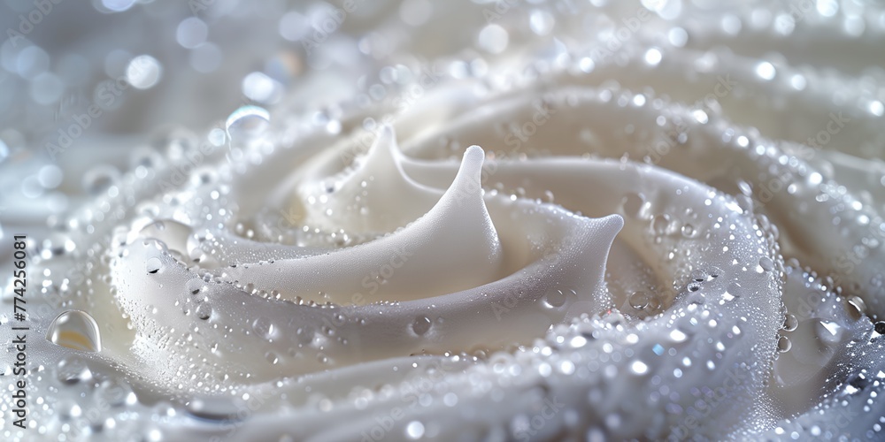White fabric with detergent foam on it. Soaked fabric is folded in a spiral shape, creating a unique and interesting design White fabric with detergent foam on it. Soaked fabric is folded in a spiral shape, creating a unique and interesting design