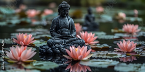 A statue of Buddha is sitting on a lotus flower in a pond