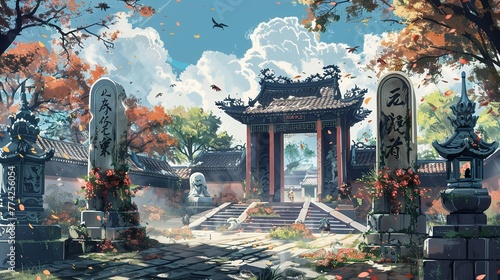 illustration for the ching ming festival in a traditional Chinese painting style. photo