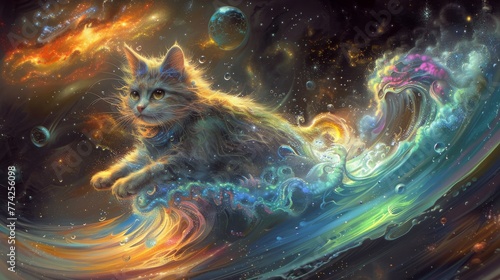 An '80s alien cat, surfing liquid galaxies, fleeing a catastrophic extraterrestrial invasion, amidst cosmic chaos.