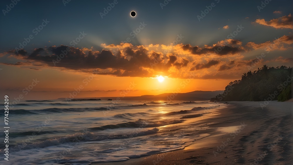 View at sunset from the beach of a total solar eclipse with the sun barely above the horizon View at sunset from the beach of a total solar eclipse with the sun barely above the horizon