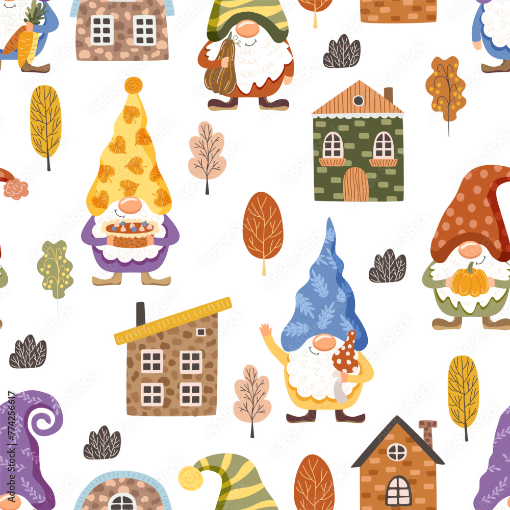 Fototapeta premium Cute gnomes and houses. Seamless pattern. Vector illustration