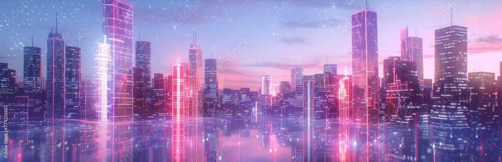 Neon-lit skyscrapers with reflective surfaces in dusk atmosphere. 3D illustration of cyber city.