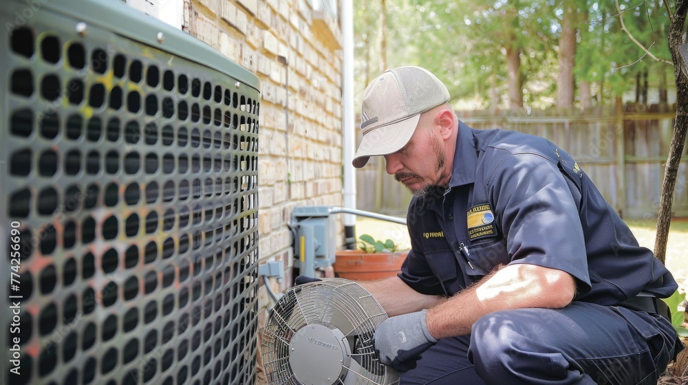 Technician is checking outdoor air conditioner unit Technician is checking outdoor air conditioner unit