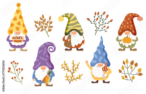 Cute gnomes with autumn leaves. Set of elements. Vector illustration