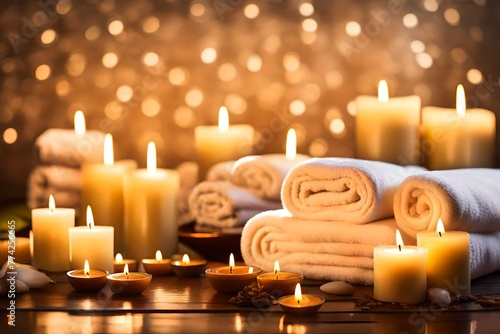 A towel with candles in a spa environment, dreamy soft focus background with copyspace