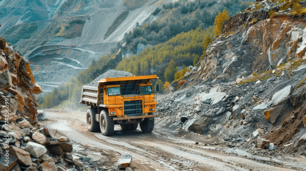 Rock transportation by dump trucks. Large quarry yellow truck. Transport industry. Mining truck is driving along a mountain road Rock transportation by dump trucks. Large quarry yellow truck. Transport industry. Mining truck is driving along a mountain road