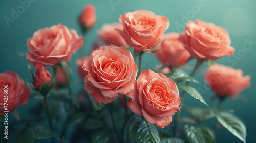 Bouquet of pink roses on a green background