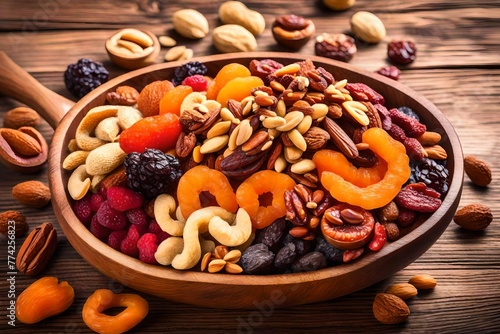 Dried fruits and nuts mix in a wooden bowl.