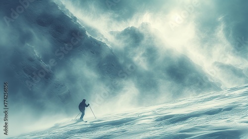 Skier skiing in deep snow in the mountains