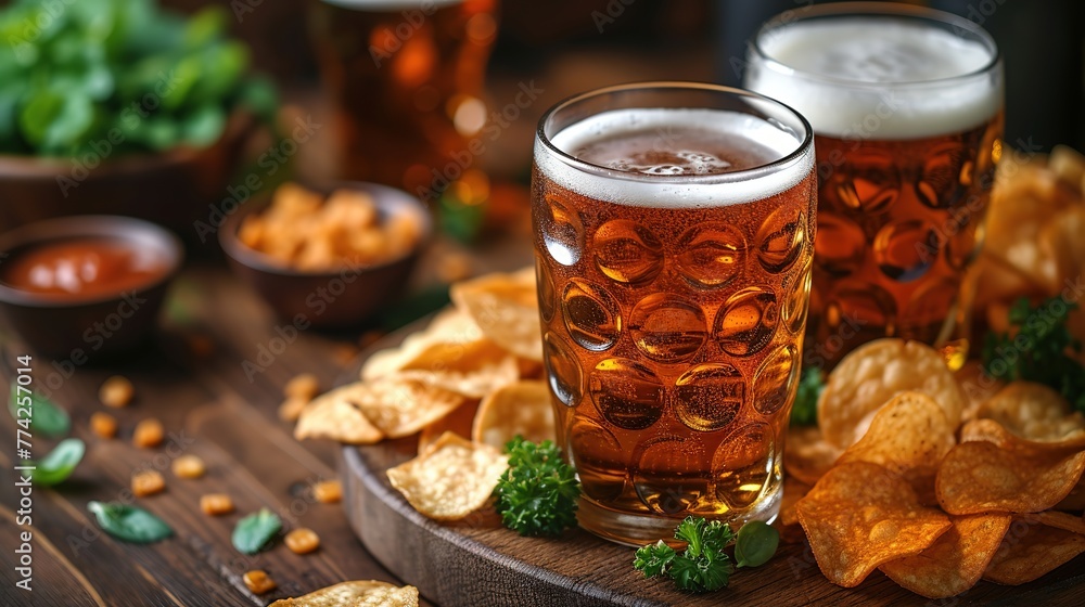 Glasses of beer with snacks on a wooden table, selective focus Glasses of beer with snacks on a wooden table, selective focus