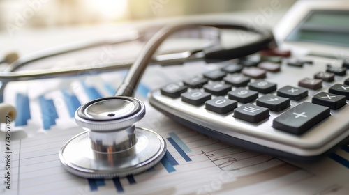 Healthcare finance concept with stethoscope, calculator, and financial report. photo