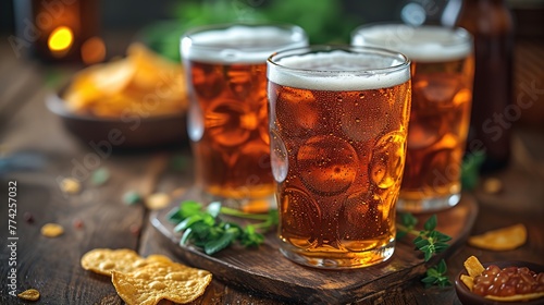 Glasses of beer with snacks on a wooden table, selective focus