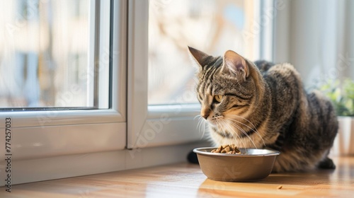 Beautiful tabby cat sitting next to a food bowl, placed on the floor next to the living room window, and eating