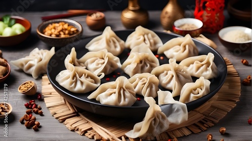 Chinese dumplings? Jiaozi in flat lay view on a table. the Lunar New Year. Lunar New Year in China. Asian holiday fare
