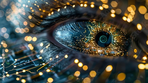 Close-up of a human eye with integrated circuit board pattern. Bokeh light effect. Concept of cybernetics and augmented reality