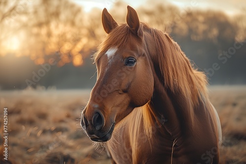 A brown horse with a white face is standing in a field © inspiretta