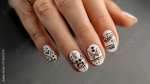 Hand showcasing nail art with abstract black and white designs