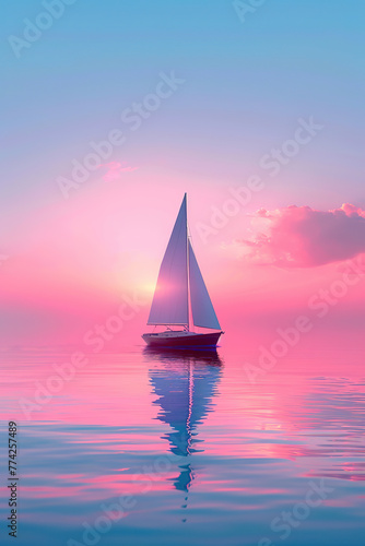 A pastel pink and blue gradient background with sailboat on the sea surface