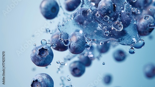 Blueberries in water splash isolated on blue background. Close-up macro shot with freeze motion of water droplets
