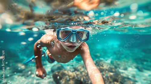 Child snorkeling in clear blue water over coral reef