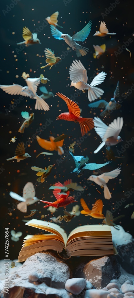 Fototapeta premium Beauty and magic of literature, fairy birds flying over open book.