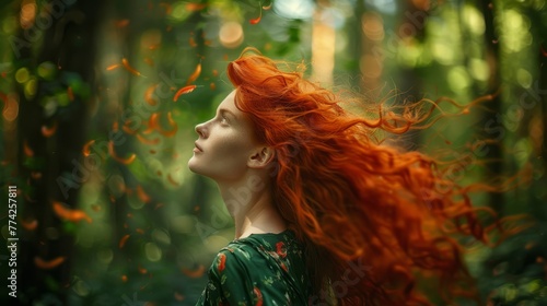 A dreamy redhead in an enchanted wood, her hair ablaze with the sun's touch, ideal for mystical narratives and digital art.