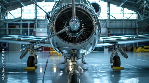 Open airplane engine in hangar