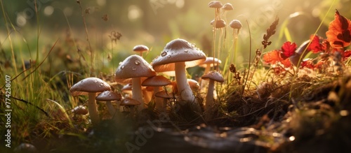 Scattered mushrooms are growing among the lush green grass with fallen leaves amidst the natural backdrop of more grass
