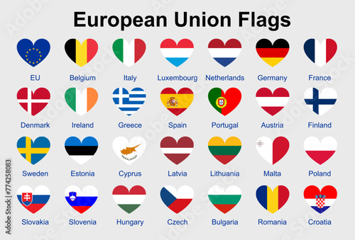 European Union flag vector icons set in the shape of heart. EU flag illustration
