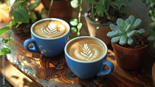 Two blue coffee cups with latte art on a glass table with plants. Bright indoor setting.
