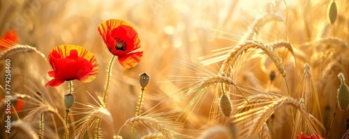 Red poppies and wheat in a field. Golden hour sunlight. Summer harvest and nature concept.