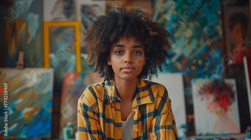 portrait of a young African student sitting at the art studio