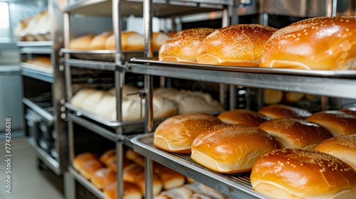 Bakery buns on a tray in a commercial kitchen. Professional baking and food preparation concept.