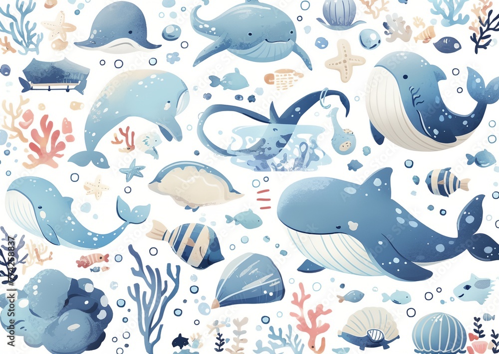 A colorful underwater scene with a variety of sea creatures, including whales A colorful underwater scene with a variety of sea creatures, including whales