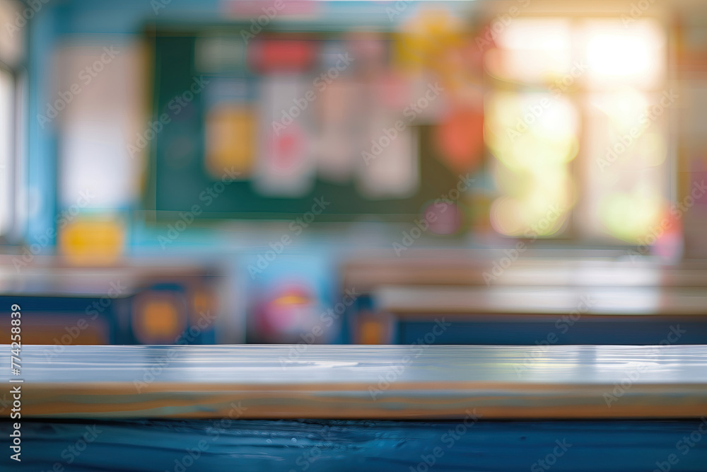 Blurred background of an empty table in front of a blurry school classroom interior with a chalkboard and chairs, close up on a wooden top for product display montage. Blurred background of an empty table in front of a blurry school classroom interior with a chalkboard and chairs, close up on a wooden top for product display montage.