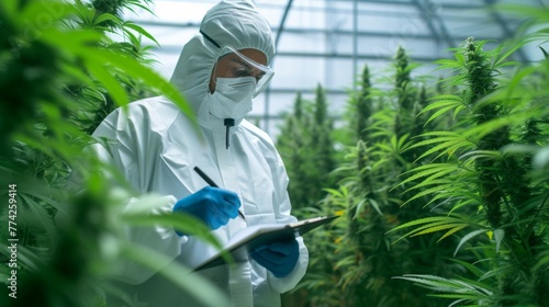 Scientist doing research work in field with cannabis plant growing in indoor plantation greenhouse.